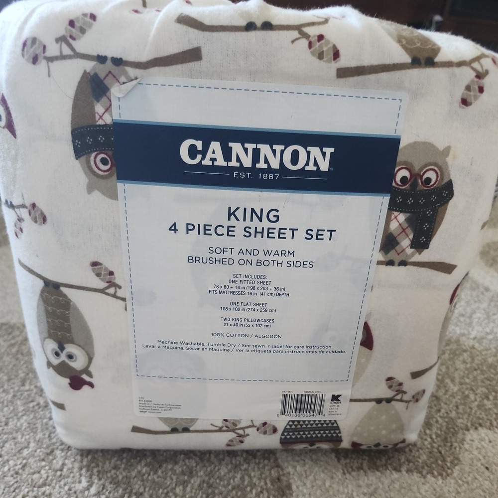 Cannon King SIZE FLANNEL SHEET SET 100% COTTON CANNON 4 PCS. Owl Pinecone Winter